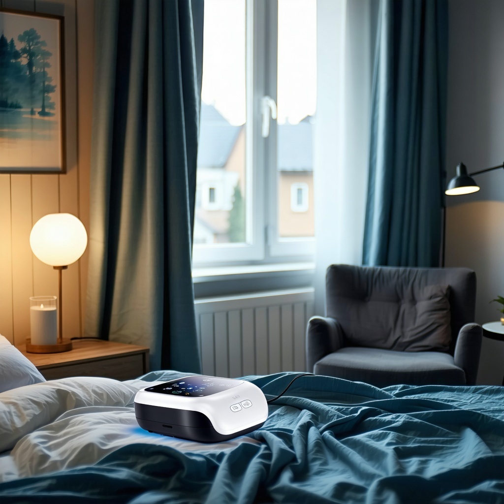 The image depicts a cozy bedroom setting softly illuminated by a bedside lamp casting a warm glow On the neatly made bed lies a small portable home sleep apnea testing device sleek and unobtrusive with sensors delicately arranged to monitor breathing