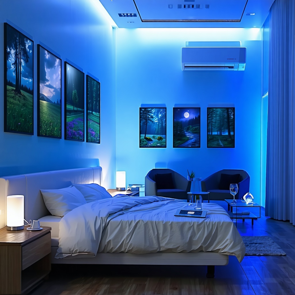 The image portrays a serene softly lit sleep center room designed for the Multiple Sleep Latency Test MSLT A comfortable wellmade bed is positioned in the center surrounded by calming blue walls adorned with framed nature photographs Soft dimmable li