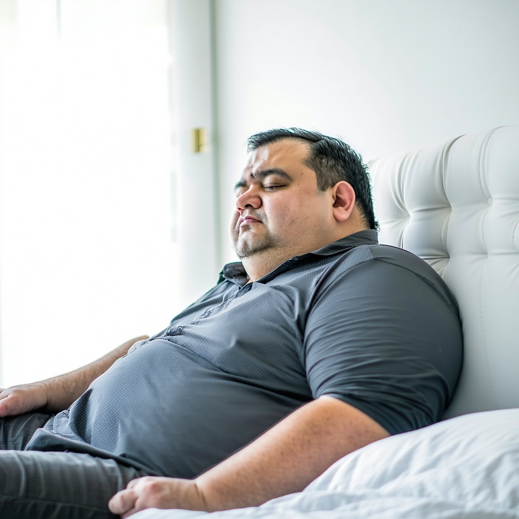middleaged man overweight and sleepy sitting onthe  side of the bed-1
